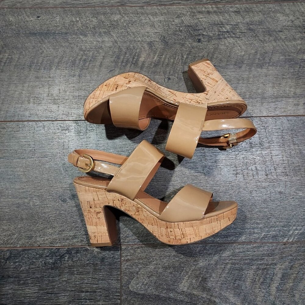 Franco Sarto Block Heel Sandal Women Size  7.5 Camel Patent Leather 4” Heel - Picture 4 of 9